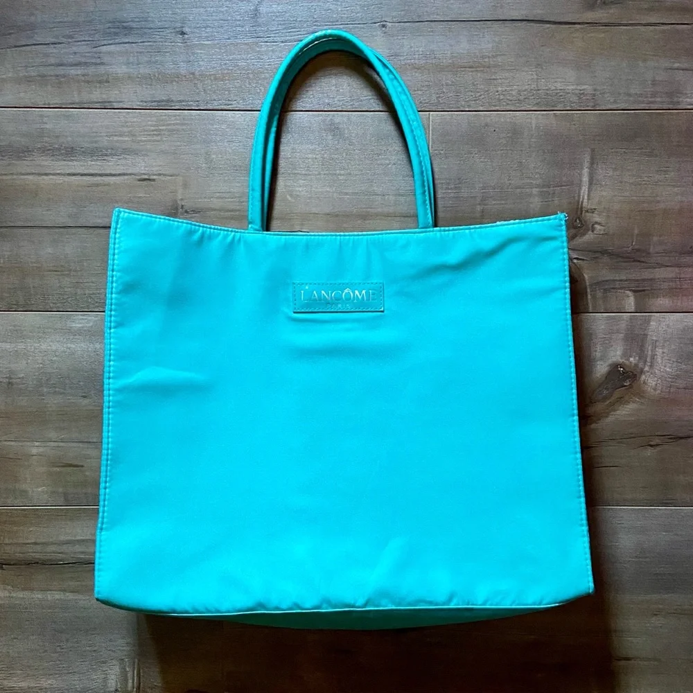 Lancome Tote Bag in Turquoise with Black and White Polka Dot Lining